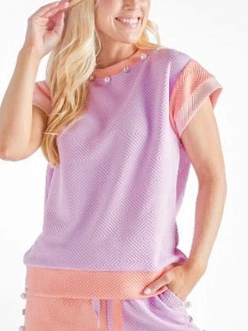 Simply Southern Lilac and Peach Short Sleeve Knit Top with Pearl Trim